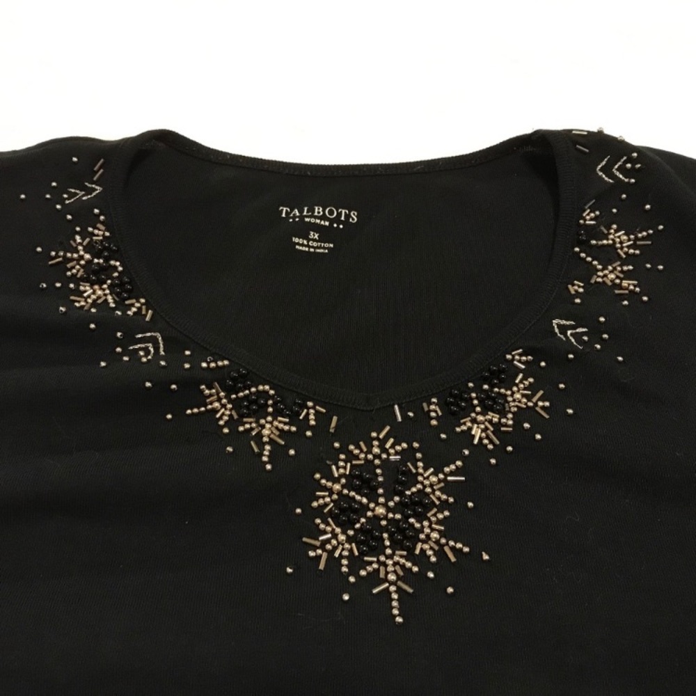 Talbots Black Cotton V-neck With Beading! So Comfy! Easy To Dress Up or Down! 3x